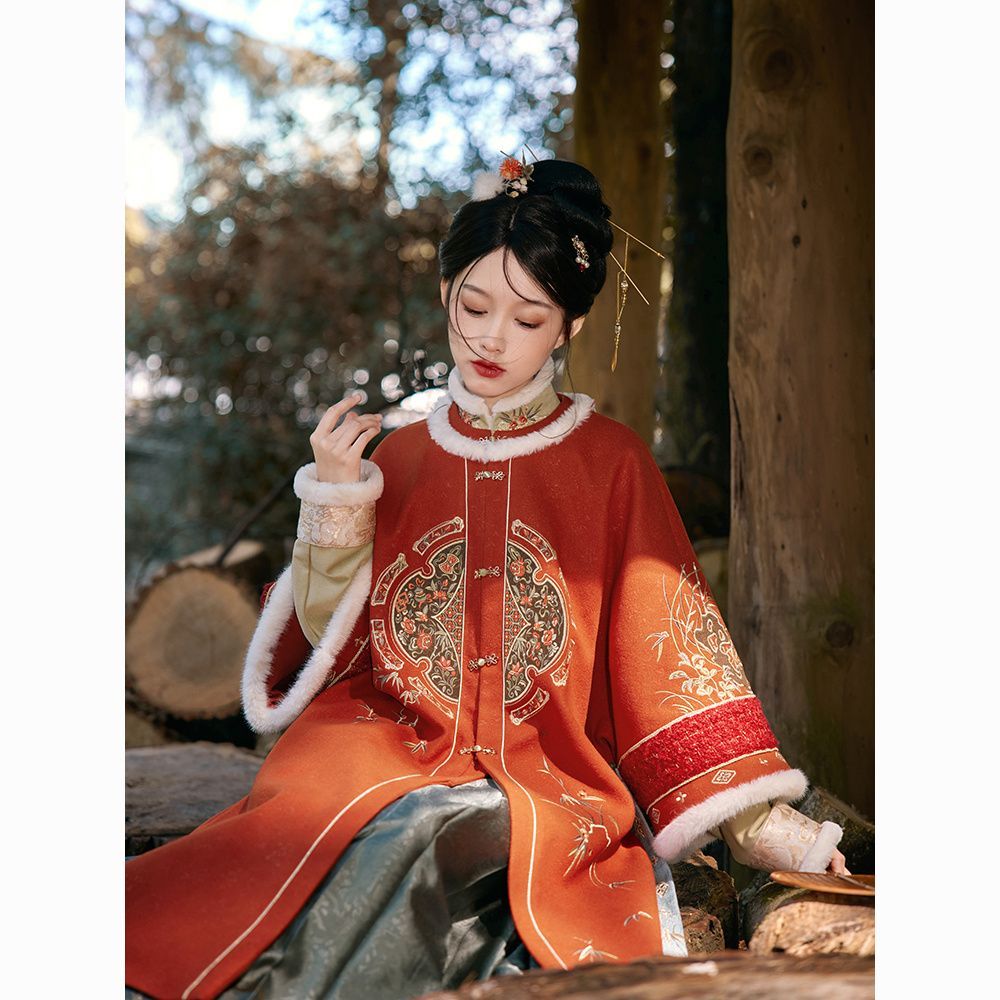 COD 2026 สไตล์แห่งชาติของแท้ Hanfu Red Begonia Stand-Up Collar เสื้อสั้นปรับปรุงรอบคอคู่ผ้าคลุมไหล่แ
