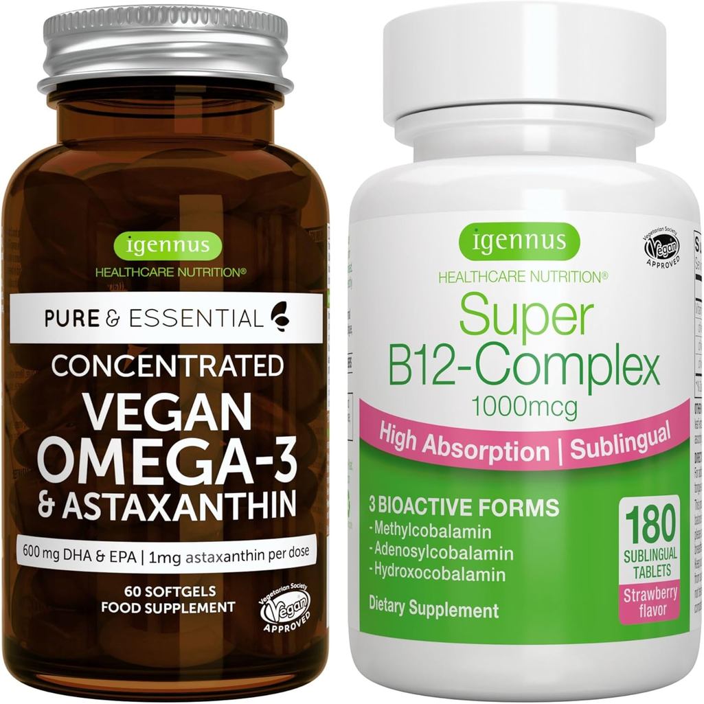 มังสวิรัติ Omega-3 + er B12-Complex 1000mcg Vegan Bundle, ที่ยั่งยืน EPA & DHA น้ํามันสาหร่าย 1340mg