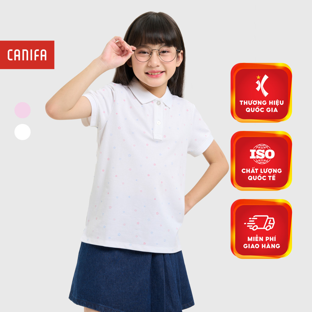 CANIFA เสื้อโปโลเด็กผู้หญิงพิมพ์ลายคอปกและแขน 1TP25S001