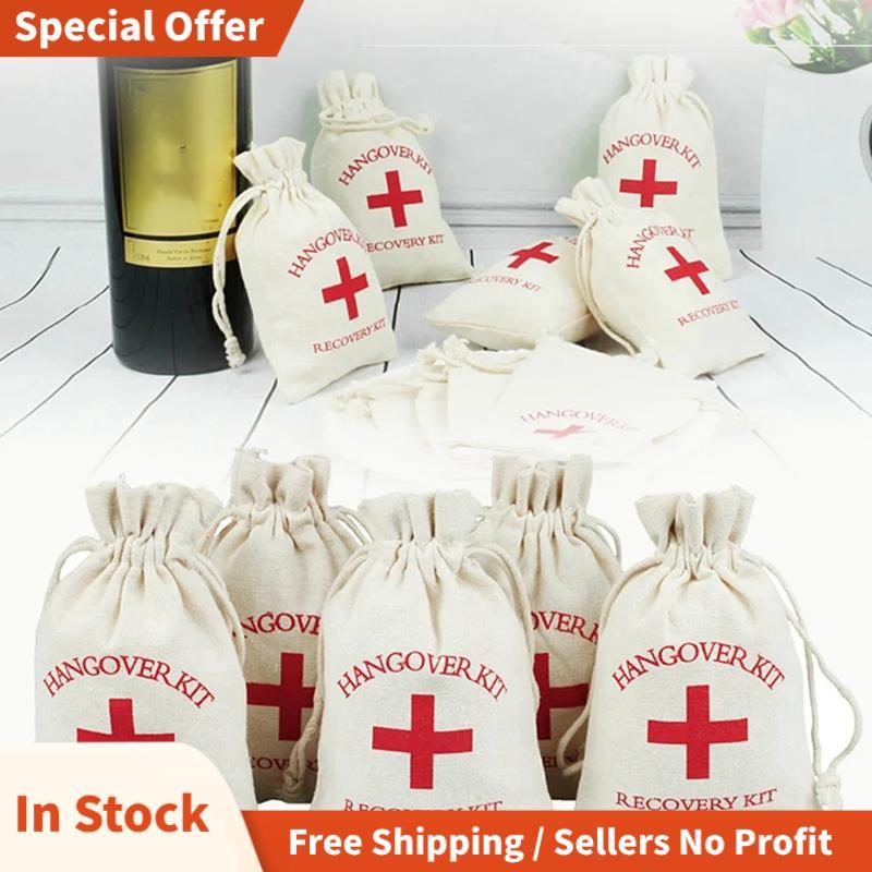 50 ชิ้นงานแต่งงานโปรดปรานผู้ถือกระเป๋า Hangover Kit กระเป๋าสําหรับแขกของขวัญสีแดงผ้าฝ้ายผ้าลินิน Pou