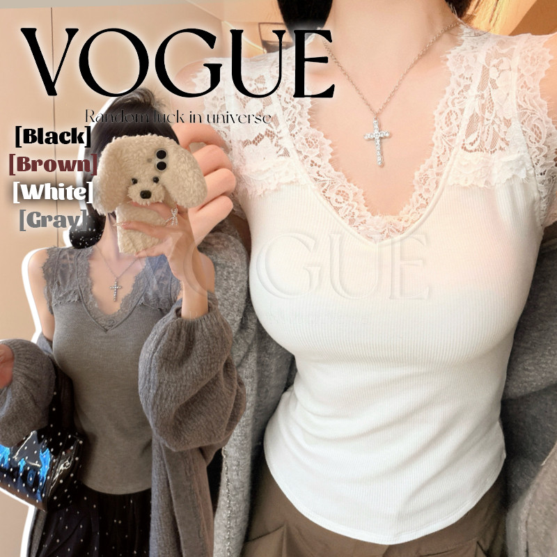 Vogue🌟พร้อมส่ง🌟 เสื้อกล้าม ขอบลูกไม้ ผ้ายืดยุ่นเข้ารูป สีพื้นเรียบๆ ใส่สวยสบาย (FY10179)