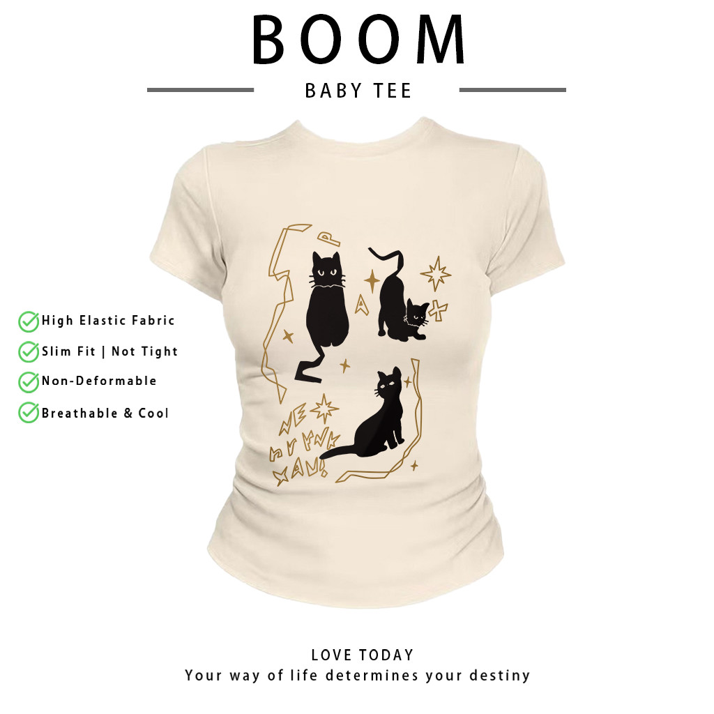 COD（จัดส่งภายใน 24 ชั่วโมง）เสื้อสาวอวบ เสื้อครอปท็อป แขนสั้น babytee สไตล์เกาหลี y2k T-shirt | แมวดำ