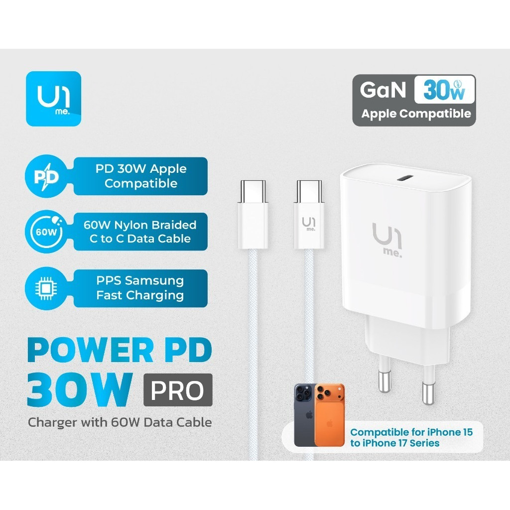 U1me PC09-CC Travel Charger Fast CHARGING 30W PRO ฟรี Type-C ถึง Type C สายชาร์จเร็ว 60W ไนลอนถัก 10