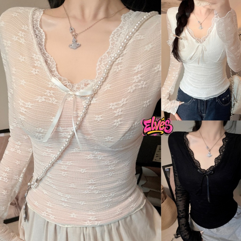 Elves พร้อมส่ง💟 เสื้อยืดแขนยาว ลายลูกไม้ สีพื้นสไตล์มินิมอล ผ้านุ่มนิ่มใส่สบาย สายเดี่ยว"FY5209"