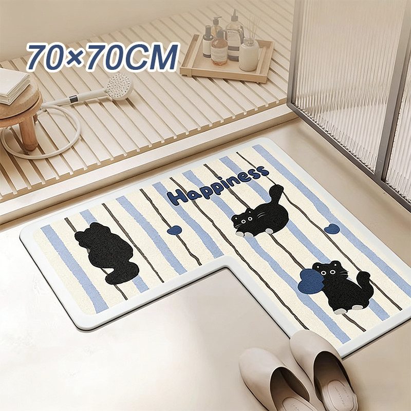 พรมเช็ดเท้า 70*70cm แผ่นรองพื้นรูปตัวL พรมเช็ดเท้าไดอะตอม ซึมซับน้ำได้ดี กันลื่น พรมห้องน้ำ