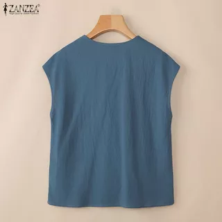 ZANZEA เสื้อลายอเนกประสงค์สำหรับผู้หญิง ออกแบบสไตล์เกาหลี แขนสั้น มีกระดุม V-neck ทำจากผ้าฝ้ายและลินิน เหมาะสำหรับวันหยุดและสวมใส่ในช่วงฤดูร้อน