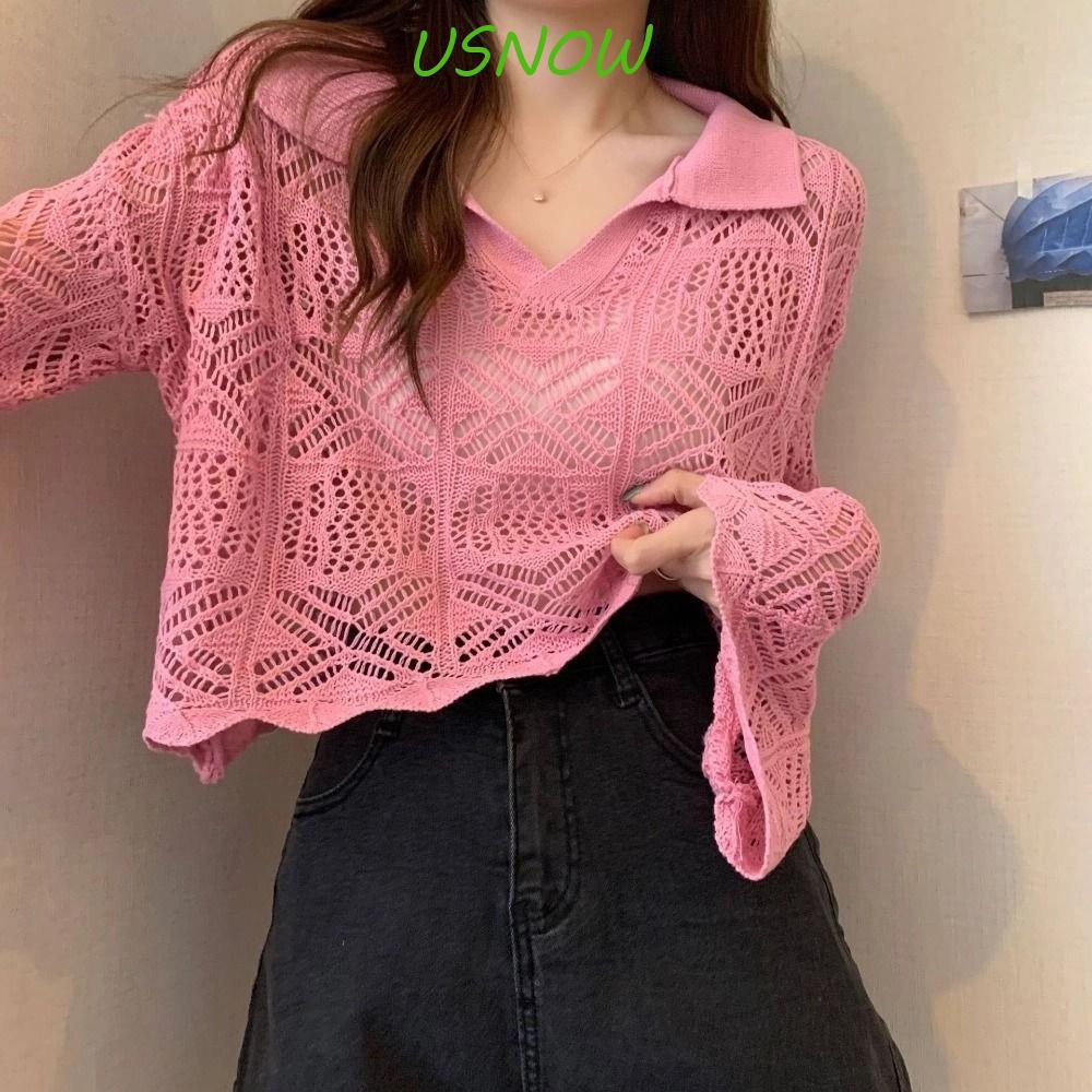 USNOW เสื้อโครเชต์แขนยาว ทรงหลวม V-neck สำหรับครอบคลุมพื้นท้อง ออกแบบตามสไตล์เกาหลี เหมาะสำหรับสาว ๆ ในวันพักผ่อนริมทะเล