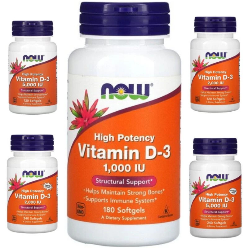 วันหมดอายุ: 2028 NOW Foods Vitamin D3 ความเข้มข้นสูง 1000 IU, 2000 IU หรือ 5000 IU บรรจุ 120, 240 แล