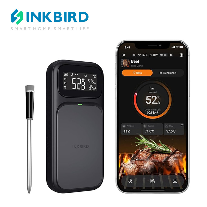 INKBIRD INT-31-BW WiFi 5G Bluetooth 5.4 เครื่องวัดอุณหภูมิเนื้อไร้สาย Multi-sensing วัดอุณหภูมิแม่นยำ พร้อมนาฬิกาปลุก สำหรับ BBQ