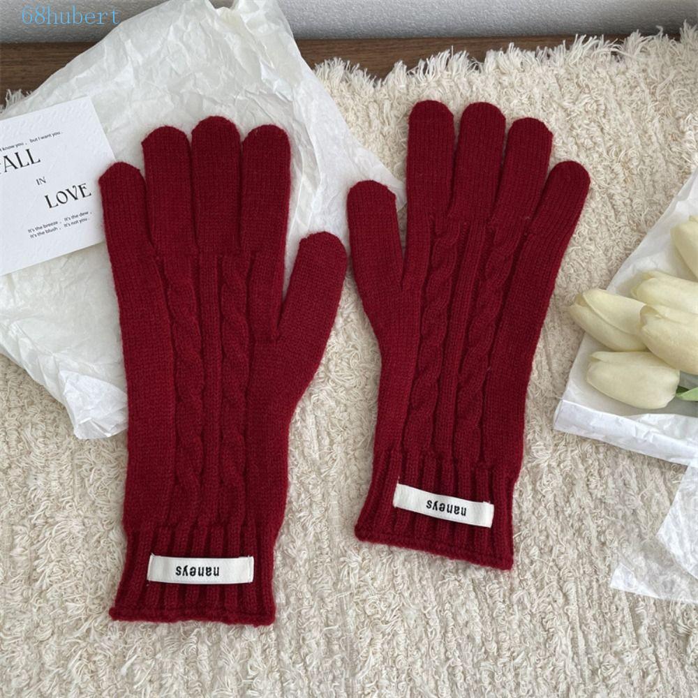 HUBERT Lady Finger Gloves,Y2k ถุงมือถักเกาหลีกันลม, Kawaii Warm Touchscreen ถุงมือสีทึบเย็นฤดูใบไม้ร