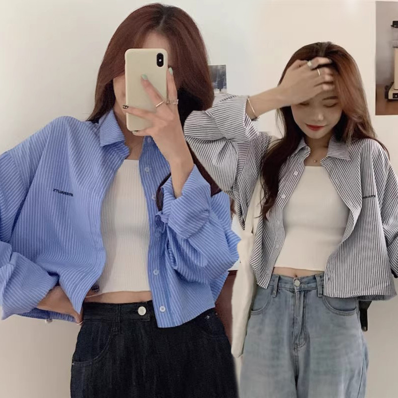 W521 เสื้อเชิ้ตแขนสั้นลายทางสไตล์เกาหลีสำหรับผู้หญิงฤดูใบไม้ผลิ ดีไซน์ไม่ซ้ำใคร แขนยาว ใส่ได้หลายโอก