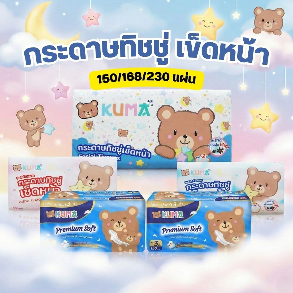 ยกแพ็ค KUMA กระดาษทิชชู่ เข็ดหน้า 150/168/230แผ่น หนา 2 ชั้น – โปรปัง
