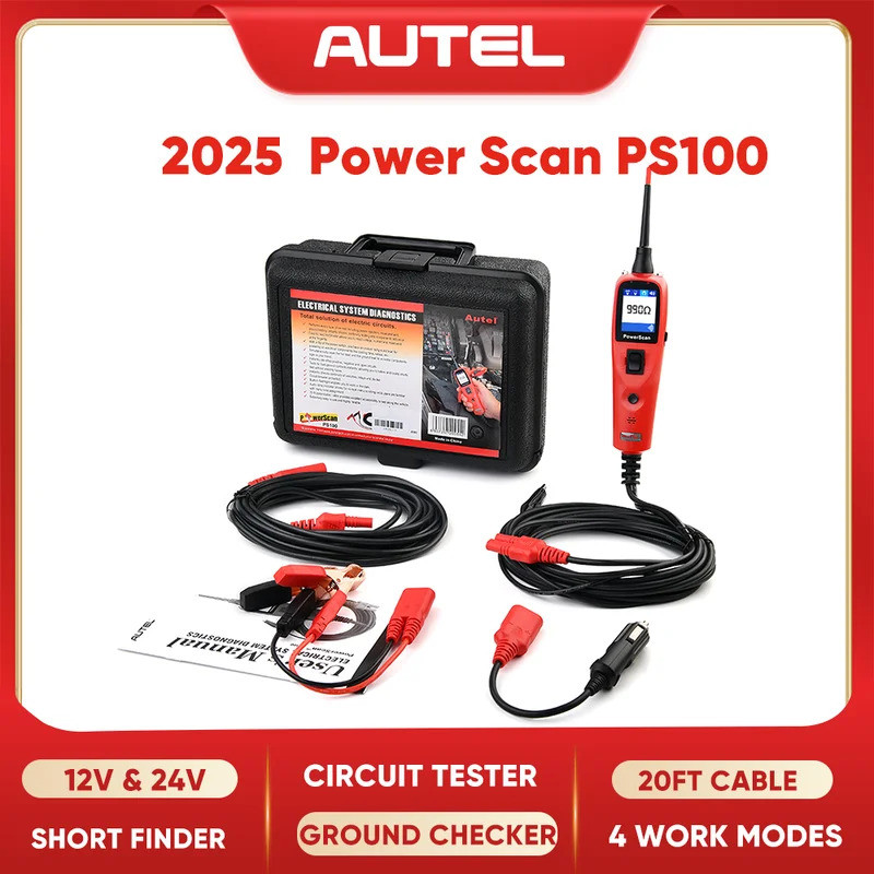 Autel PowerScan PS100 เครื่องมือวินิจฉัยระบบไฟฟ้าเครื่องทดสอบวงจรยานยนต์ไฟ 12-24V ไฟฟ้าสั้นเปิด Brea