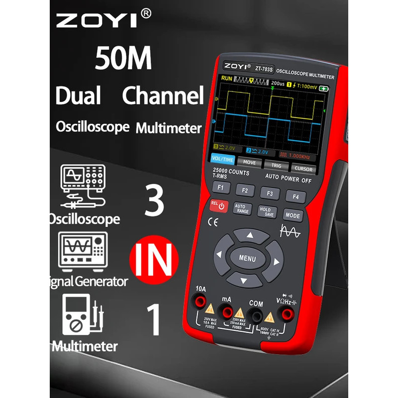 ZOYI ZT-703S 3-in-1 Oscilloscope มัลติมิเตอร์ 3.5 นิ้วจอแสดงผล IPS,25000 นับ, Dual Channel 50MHZ แบน