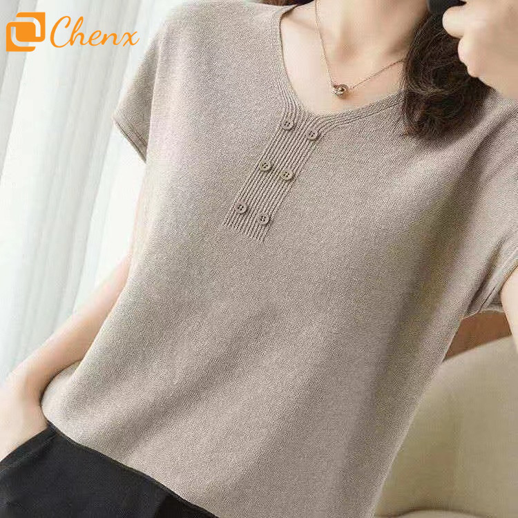 เสื้อแขนสั้นผู้หญิง แบบคล้องคอวี สไตล์เรียบหรู