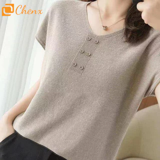 เสื้อแขนสั้นผู้หญิง แบบคล้องคอวี สไตล์เรียบหรู