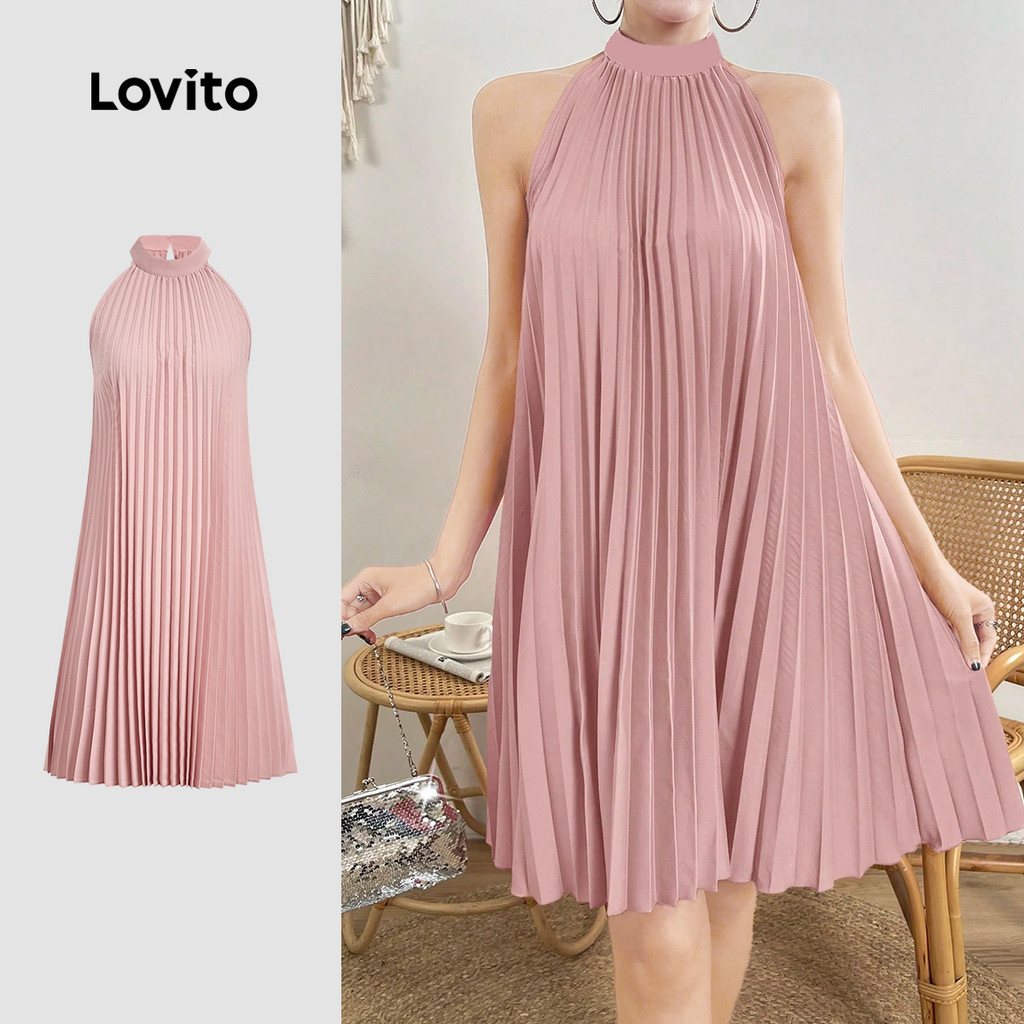 (NEW) Lovito เดรสสวยหรูจับจีบ สไตล์ฝรั่งเศส เดรสสีชมพูสําหรับผู้หญิงฤดูใบไม้ผลิ/ฤดูร้อน LBL33008
