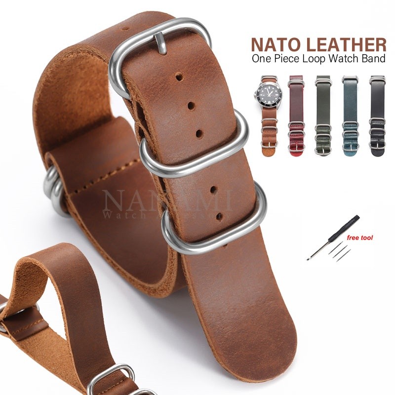 18 มม.20 มม.22 มม.VINTAGE ของแท้หนัง NATO One Piece Loop นาฬิกา Universal สายคล้องคอ Cowhide ห้าแหวน