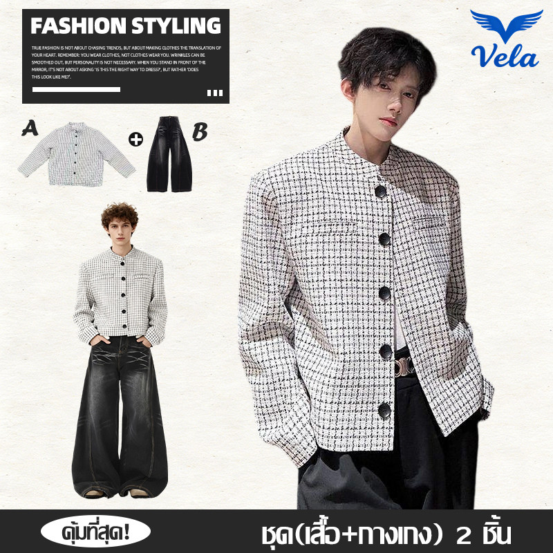 Vela-กางเกงยีนส์ผู้ชายสีดําขากว้าง อเมริกันย้อนยุคหลวมสบายๆคุณภาพสูง baggy jeans ชุดกางเกงและแจ็คเก็