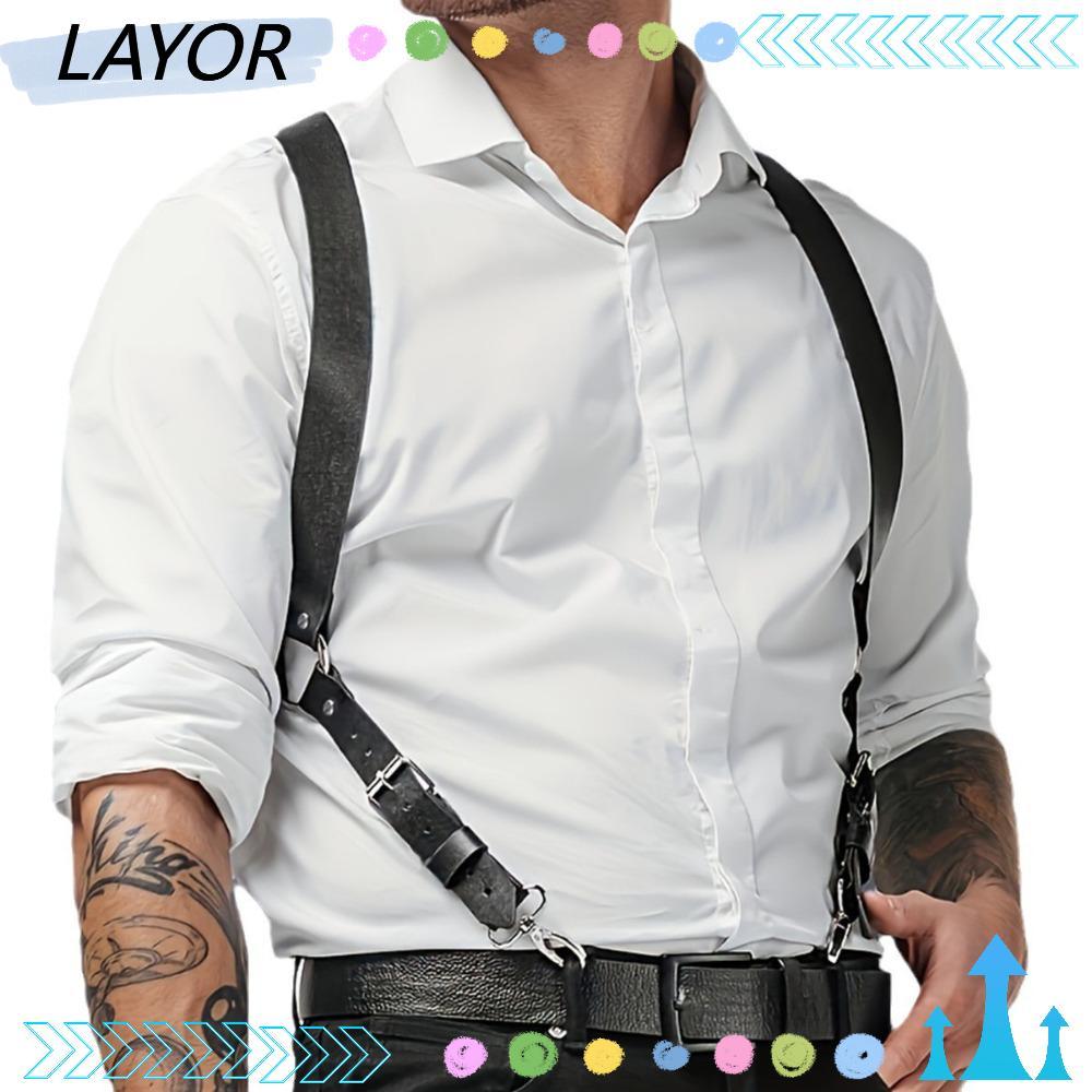 LAYOR Men Suspenders มีฮุคหนักแน่น 2 คลิป สไตล์วินเทจหนังแท้ เหมาะสำหรับกางเกงยีนส์