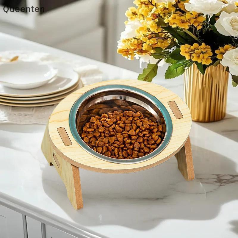 Queenten แมวและสุนัขชามให้อาหาร Anti-tip ชามสแตนเลสชามสัตว์เลี้ยงไม้รองรับ Ne Protection Design 2 In