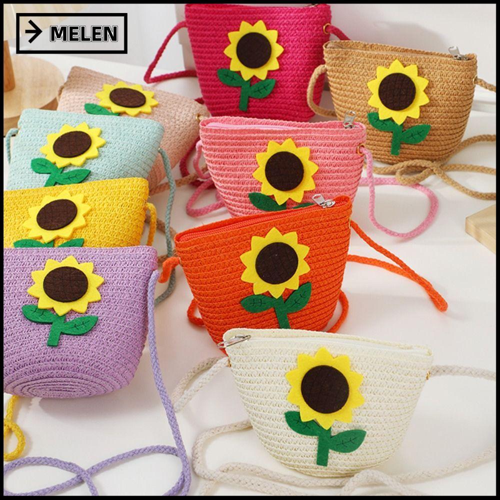 กระเป๋าดอกทานตะวันขนาดเล็ก MELEN สำหรับเด็กผู้หญิง ทอจากฟาง ใส่เหรียญได้