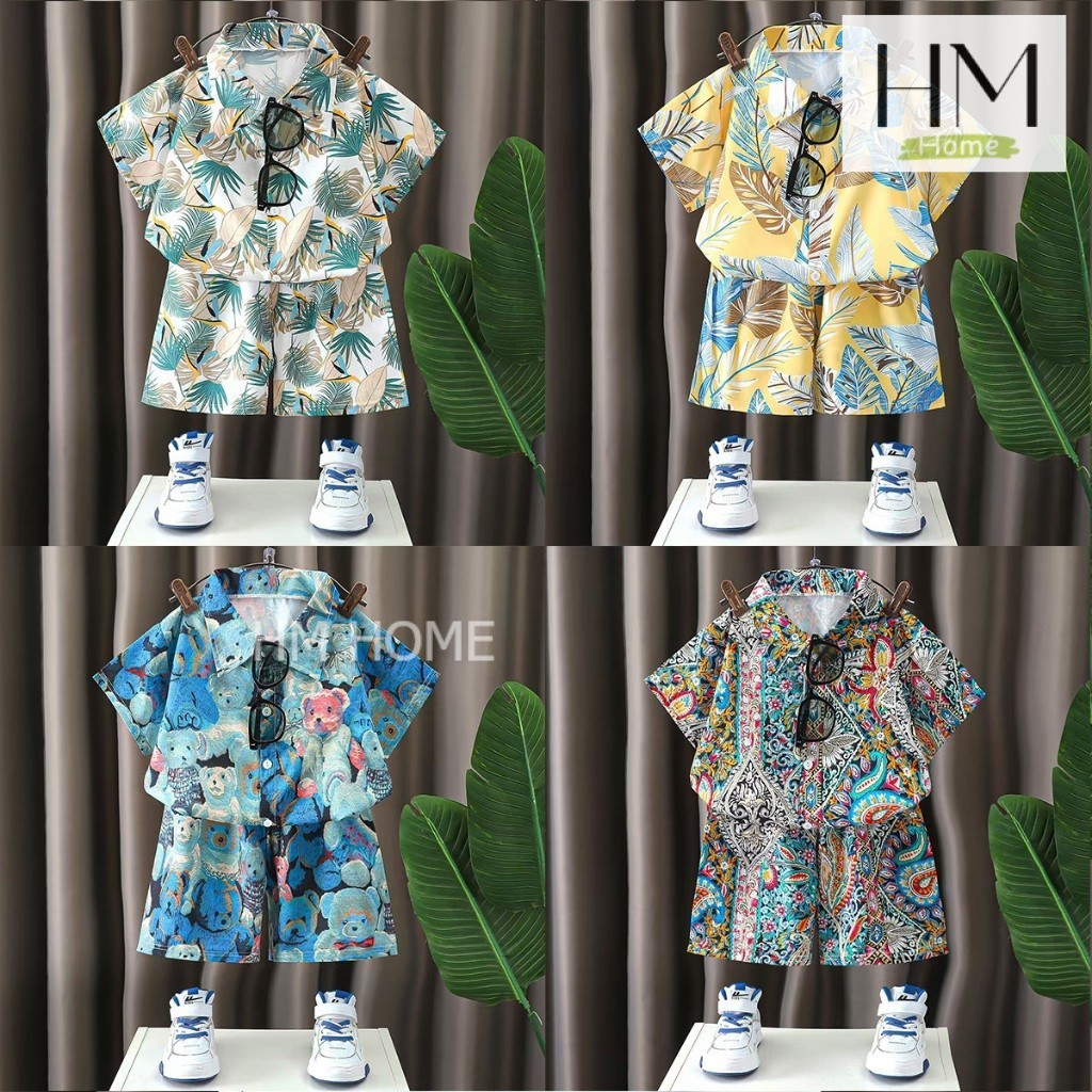 ใหม่ ชุดเซ็ตฮาวาย ชุดเซ็ตเสื้อเชิ้ตเด็ก เสื้อแขนสั้น+กางเกงขาสั้นฮาวายทะเล สงกรานต์