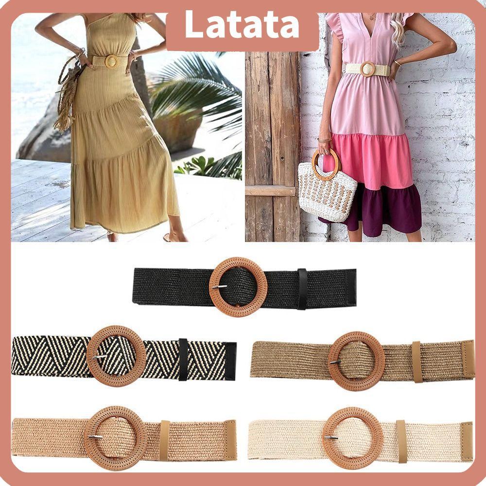 LATA เข็มขัดฟาง Elastic Bohemian Fashion Braided Waistbelt