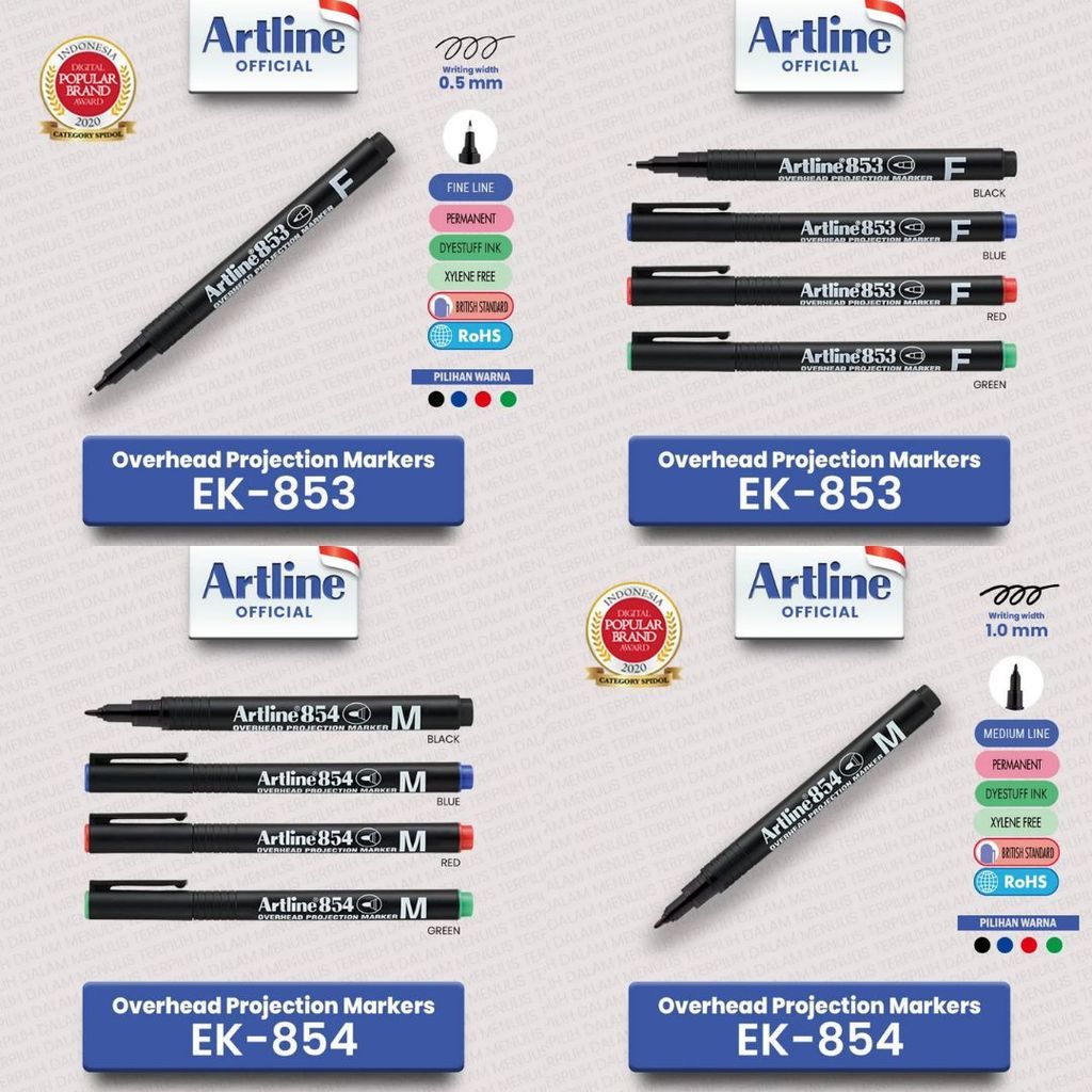 MERAH HIJAU (1 ชิ้น) ARTLINE OHP OPF OPM / 0.5 1.0 EK-853 EK-854 BLACK RED BLUE GREEN PERMANENT MARK