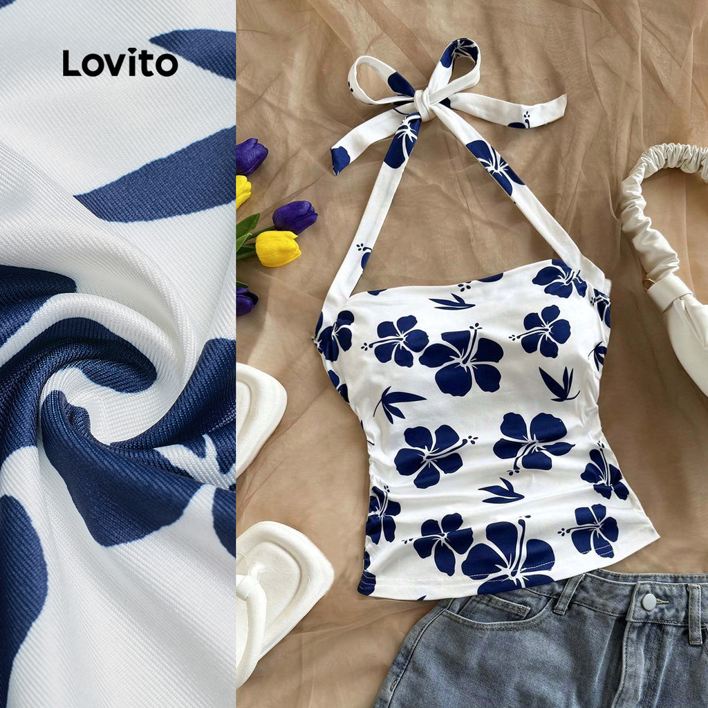 Lovito โบโฮ เสื้อเชิ้ตผู้หญิงลําลองผูกเชือกจับจีบพิมพ์ลายฤดูใบไม้ผลิฤดูร้อน L172LD1798