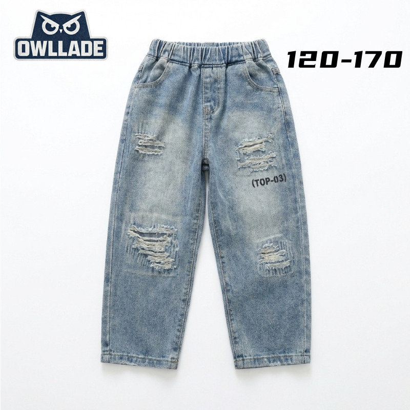 OWLLADE Beggy Ripped Baggy กางเกงยีนส์สําหรับเด็กอายุ 12 ปีวัยรุ่นกางเกงยีนส์สําหรับกางเกงยีนส์ Boy ยืดทนต่อการสึกหรอ 381 สีฟ้า C03 4T-2