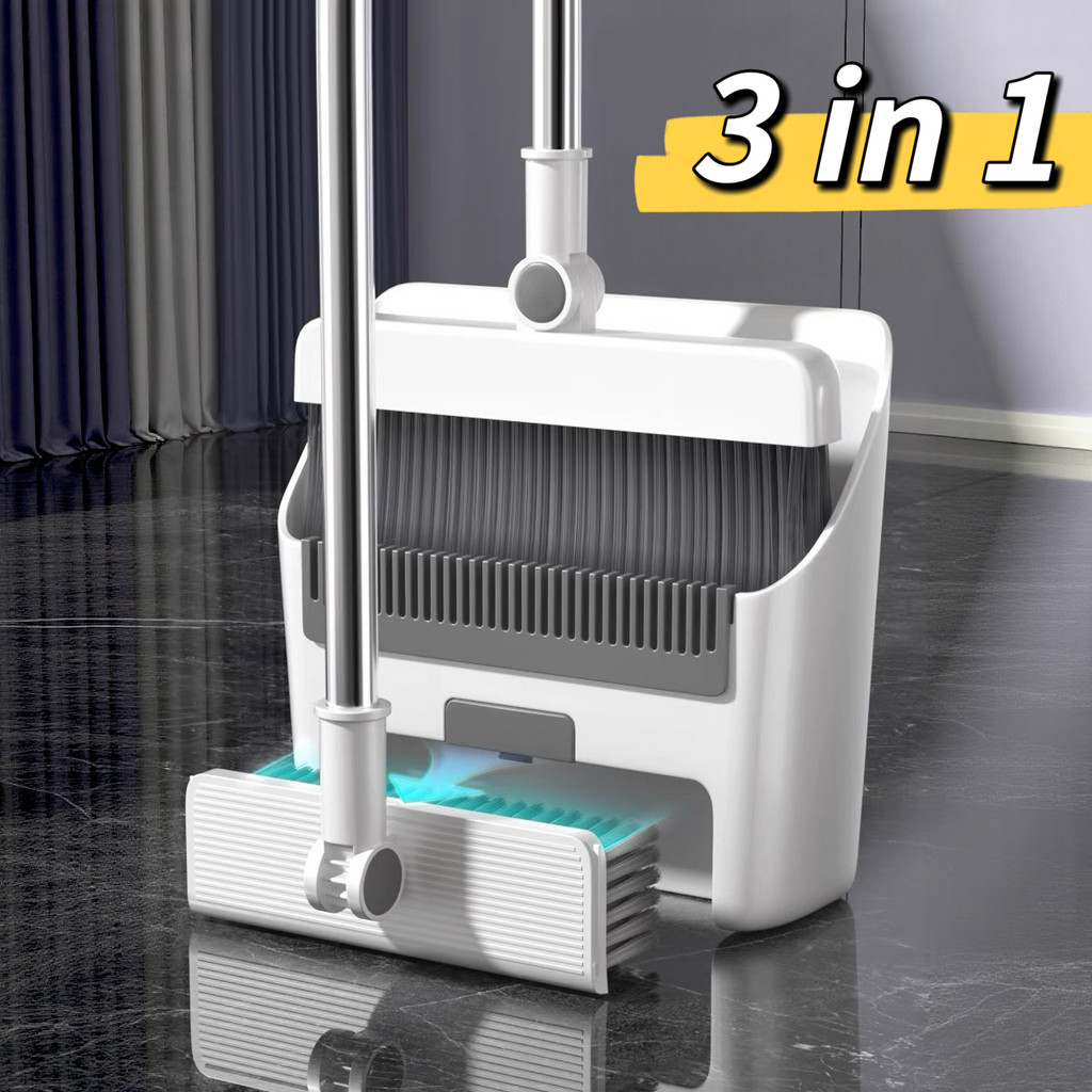 ชุดไม้กวาด ไม้กวาด พร้อมที่ตักขยะในตัว แปรงขัดพื้น 3in1 ขนาดใหญ่ ทำความสะอาดได้ทุกมุม ATCCH