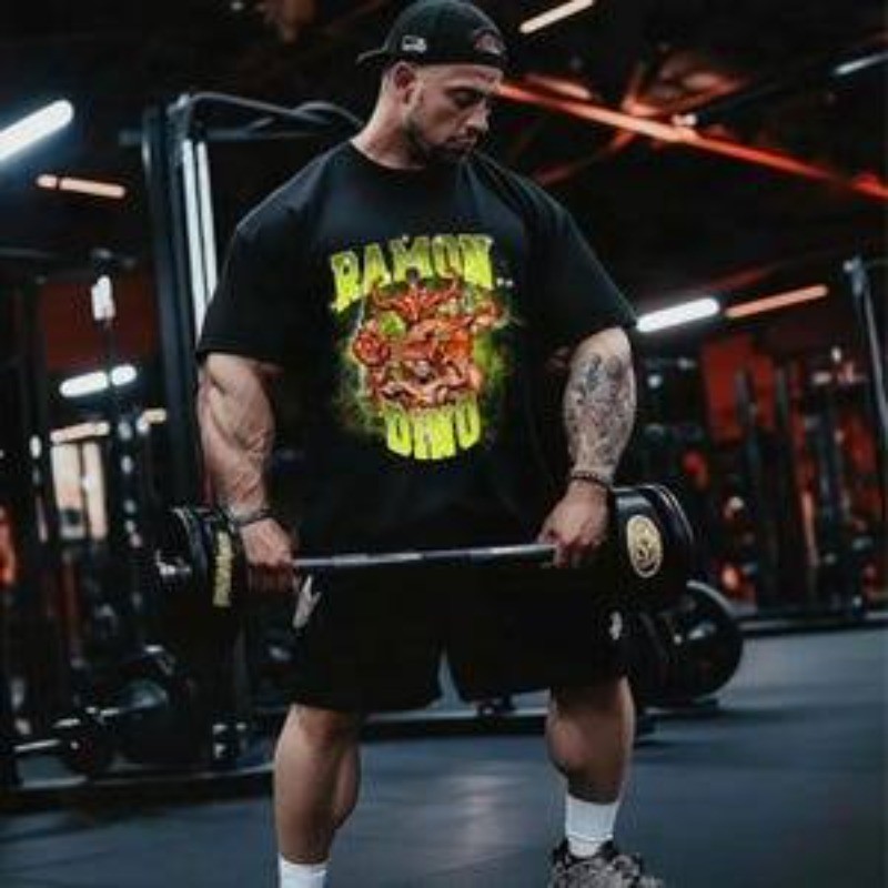 แฟชั่นRamon Dino Shirt Muscle Fitness Pattern Printed Short Sleeve Olympia Gym Bro Men's 100% Premiu