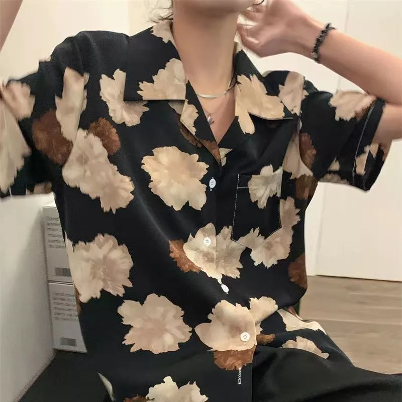 เสื้อเชิ้ตแขนสั้นคอวีลายดอกไม้ สไตล์ย้อนยุคผู้หญิง thumbnail 7