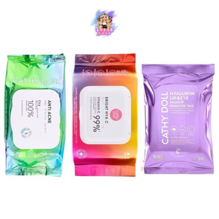 Cathy Doll Cleansing Wipes แผ่นเช็ดเครื่องสำอาง 3 สูตร Anti Acne / Bright Hya C / Lip & Eye Remover พกพาง่าย 💓
