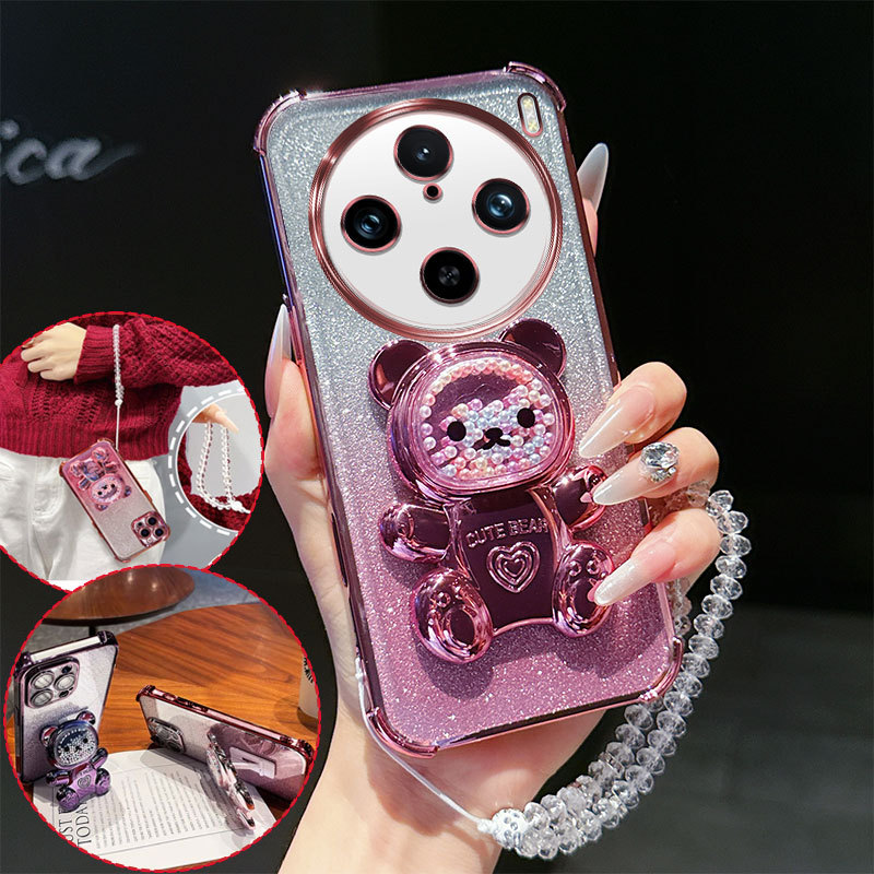 4 มุมกันกระแทกเคสโทรศัพท์น่ารัก 3D หมีขาตั้งคริสตัล Lanyard Glitter โปร่งใสสําหรับ Vivo X100 Pro สํา