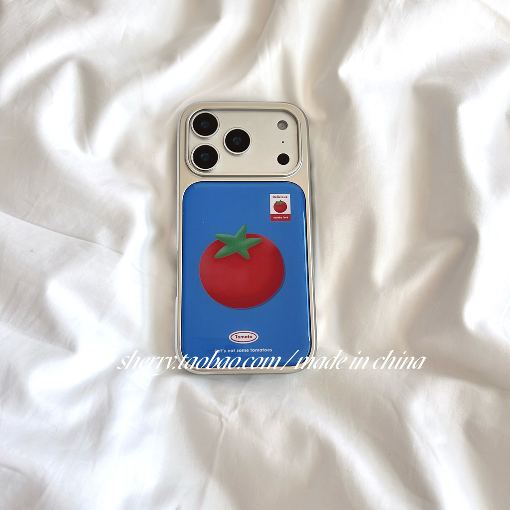 Ins wind power silver plated edge Blueพื้นหลังมะเขือเทศสีแดงเหมาะสําหรับApple 17 Pro Maxเคสโทรศัพท์iPhone 16 Pro niche girl heart 15 simple 14 s