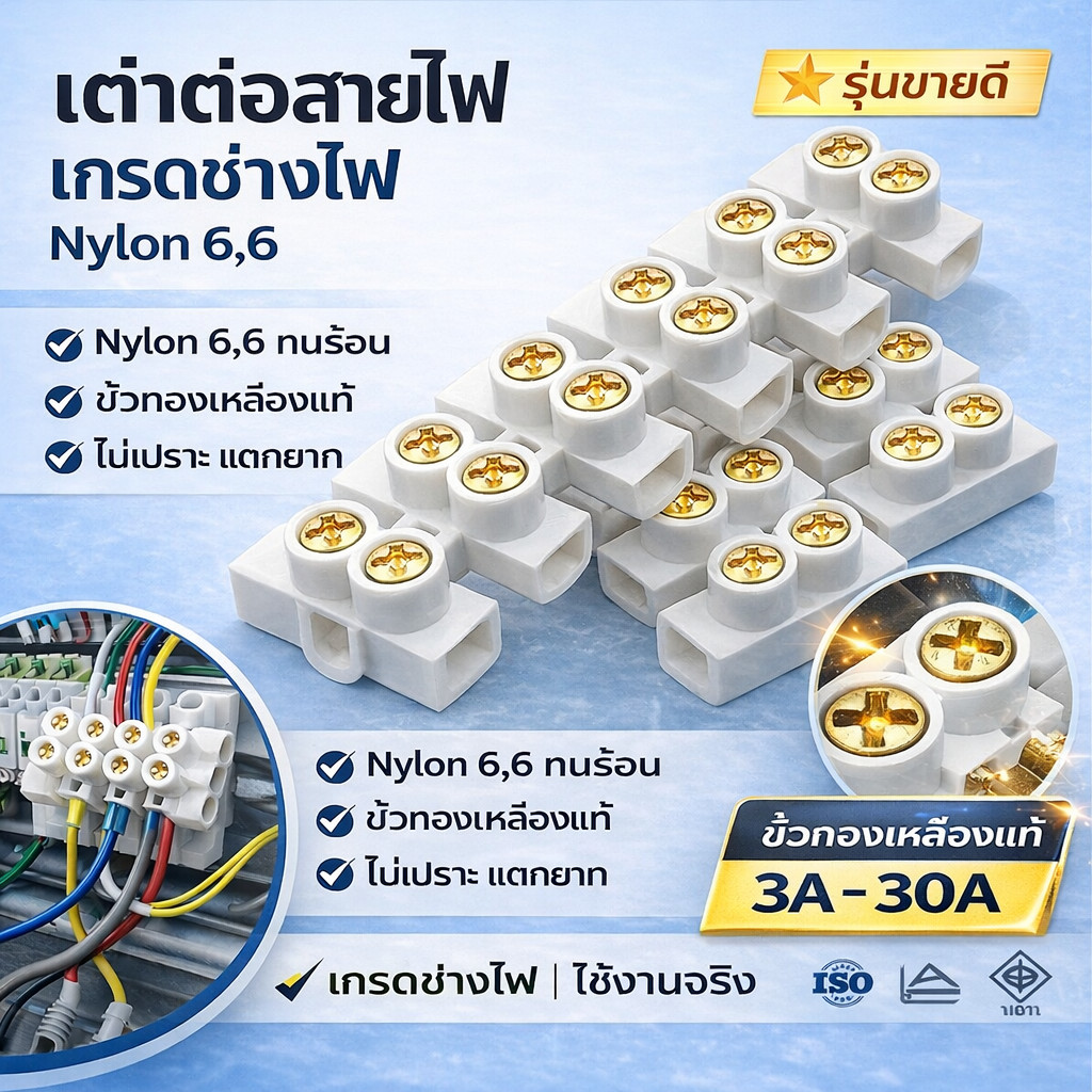 Haloshi SLW เต้าต่อสายไฟ Nylon 6,6 ทนความร้อน ไม่เปราะ 3A 6A 10A 20A 30A แบบบางและหนา ใช้งานง่าย แข็