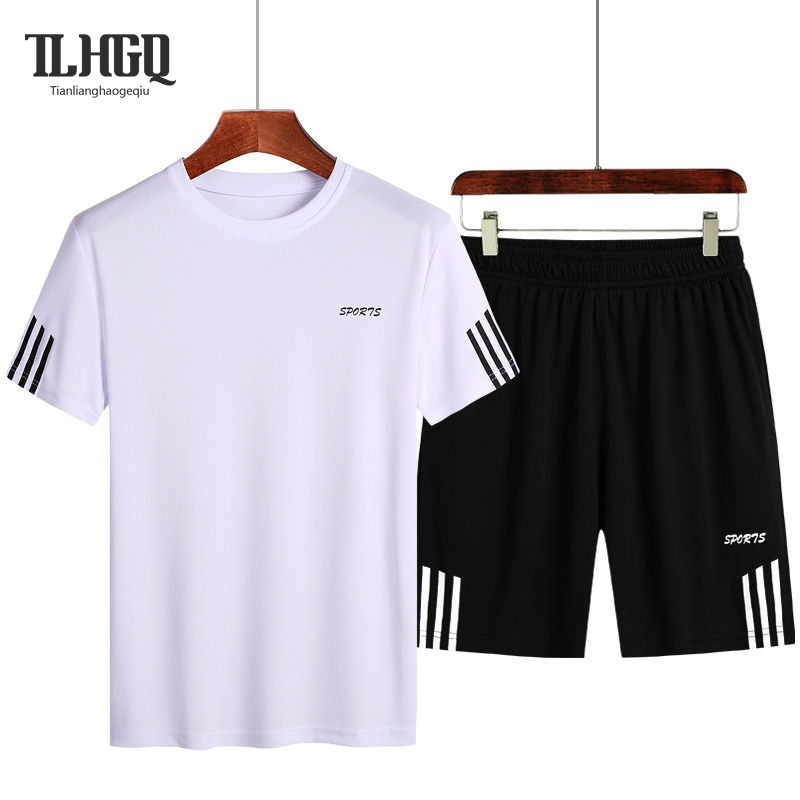 TLHGQ ชุดกีฬาผู้ชายลําลองออกกําลังกายวิ่งเสื้อผ้าคอกลมหลวมแห้งเร็ว