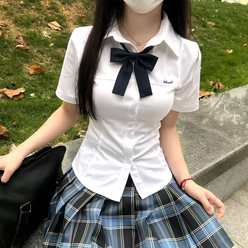 เสื้อเชิ้ต Hamachi Original jk เสื้อเชิ้ตแขนสั้นแคบ-เอว Slim-Fit School Supply All-Match เย็บปักถักร