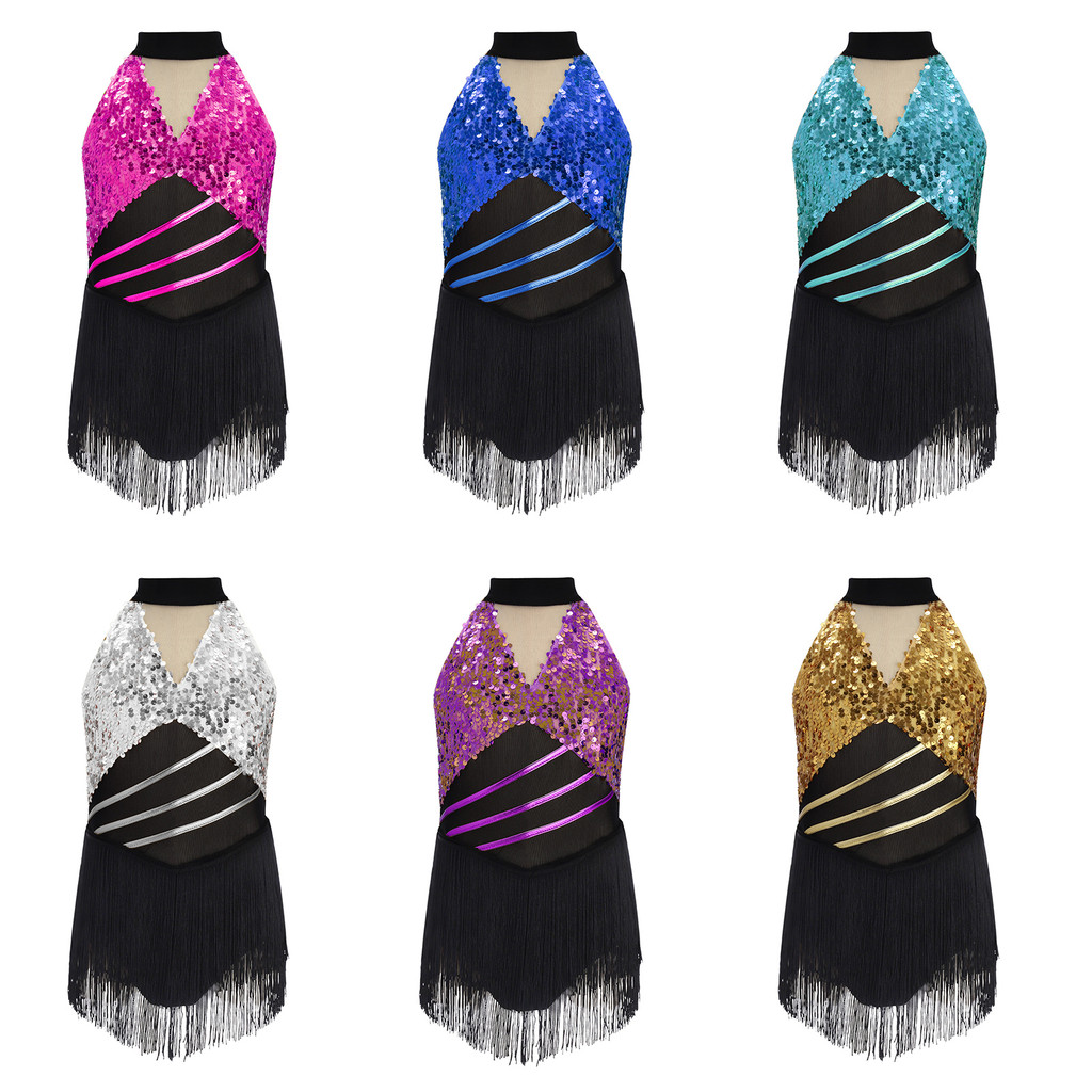 Yeahdor เด็กสาว Cha-cha Salsa ชุดเต้นรําละตินเงาเลื่อม Halter แขนกุดตาข่ายเอว Keyhole โลหะกลับพู่ Leotard Dancewear