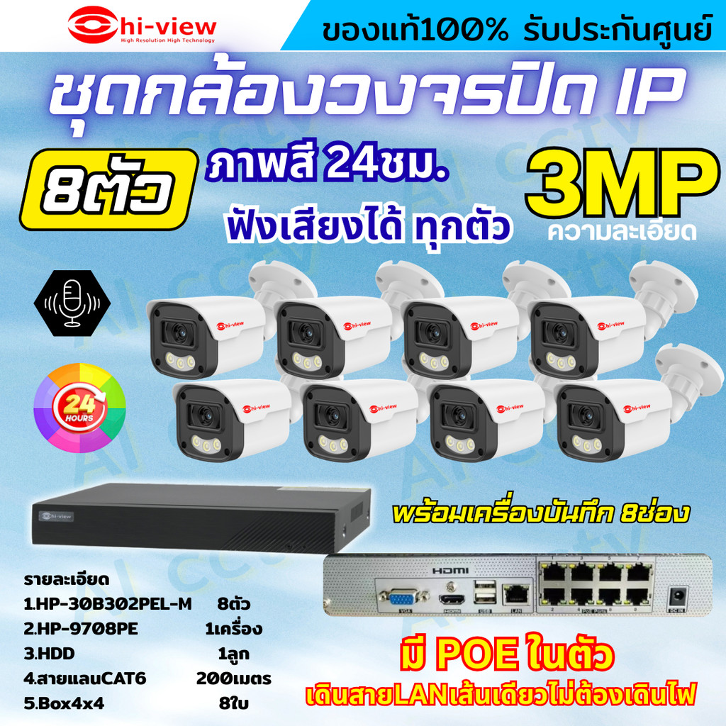 Hiview ชุดกล้องวงจรปิด 3 ล้านพิกเซล 8ตัว IP ระบบPOE สี24ชม.ฟังเสียง ไม่ต้องเดินสายไฟ ติดตั้งง่าย ภาพ