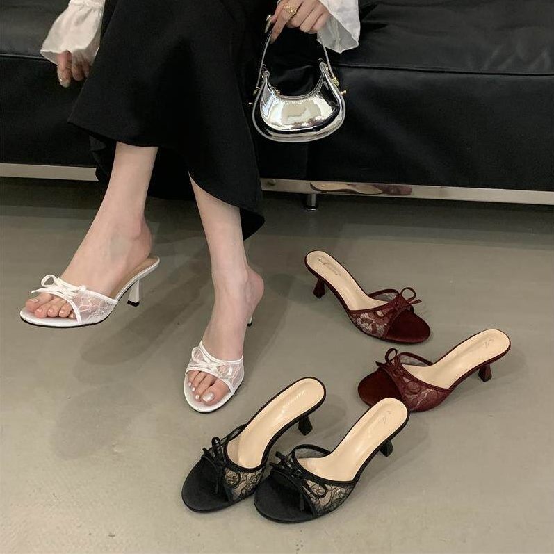 TT Sweet Bowknot Gauze Sandals รองเท้าแตะผู้หญิงฤดูร้อนเปิดนิ้วเท้ารองเท้าส้นสูง Flip-F