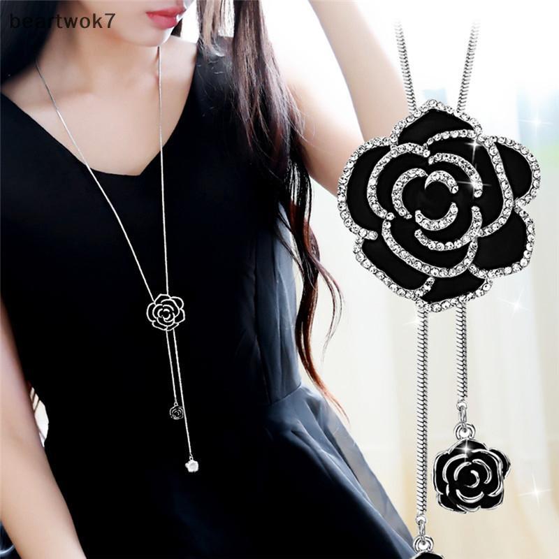 Beartwok7] Bla Rose ดอกไม้ยาวจี้ Nelace เสื้อกันหนาวคริสตัลผู้หญิงเครื่องประดับของขวัญใหม่