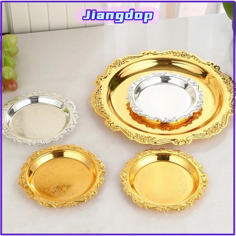 JIANG ถาดเค้ก, จานขนมผลไม้ตั้งโต๊ะทรงกลม, ถาดเสิร์ฟอาหารเย็นสีเงินสีทองย้อนยุคที่ใส่ถ้วยชา