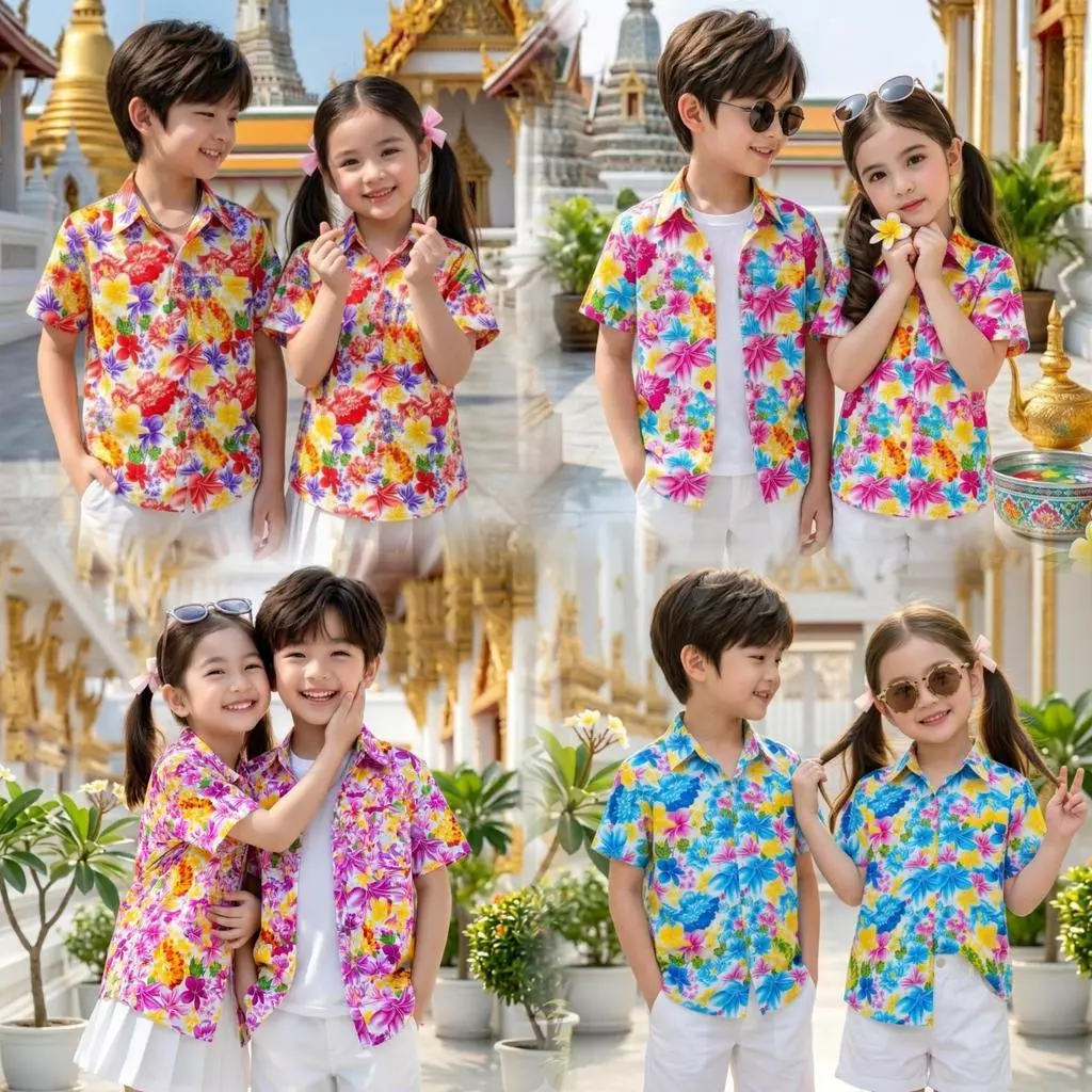เสื้อสงกรานต์ลายดอกเด็กโต ผ้าคอตตอน100% สีไม่ตก ผ้าไม่หด 10-12ปี น้ำหนัก30-45kg สูง140-160cm รุ่น013