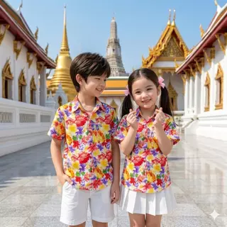 เสื้อสงกรานต์ลายดอกเด็กโต ผ้าคอตตอน100% สีไม่ตก ผ้าไม่หด 10-12ปี น้ำหนัก30-45kg สูง140-160cm รุ่น013