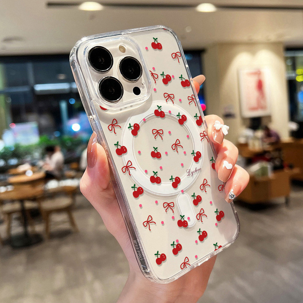 เคสไอโฟน For iPhone 17 11 13 16 12 14 15 Pro Max สำหรับ iPhone 13Pro 11 17Air เชอร์รี่ เคสใสสำหรับชาร์จไร้สายแบบแม่เหล็ก