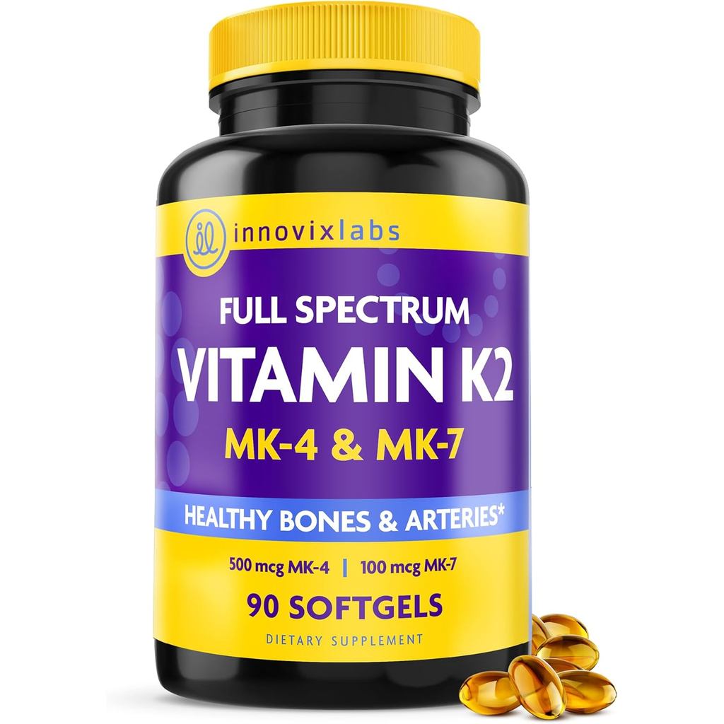 InnovixLabs Full Spectrum Vitamin K2-90 Softgels with 600 mcg of Trans Form MK7 and MK4 - Supports G
