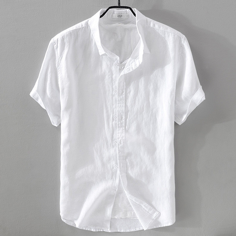 เสื้อเชิ้ตผ้าลินินแท้ระบายอากาศผู้ชายแขนสั้นหลวมด้านบนฤดูร้อนสวมใส่บางปกเสื้อเชิ้ตสีขาวผ้าฝ้ายผ้าลินิน